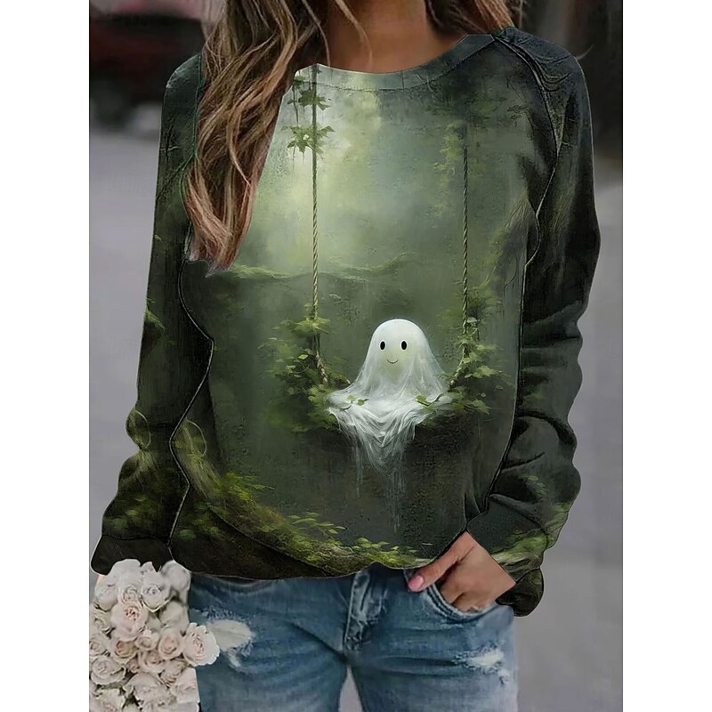 Halloween Women's Pullover Ghost Graphic Casual Long Sleeve Crew Neck Regular Tops Casual Black Brown Green Gray Fall4