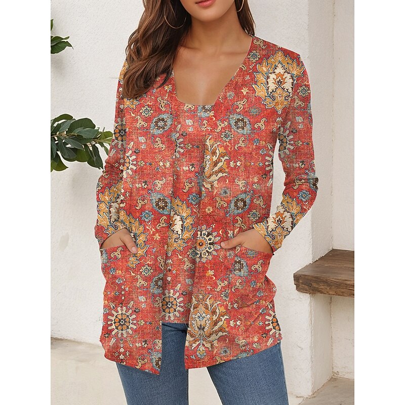 Women's T Shirt Graphic Geometric Abstract Vintage Stylish Casual Long Sleeve V Neck Regular Tops Daily Print Pink Red Blue Green Summer Spring Fall4