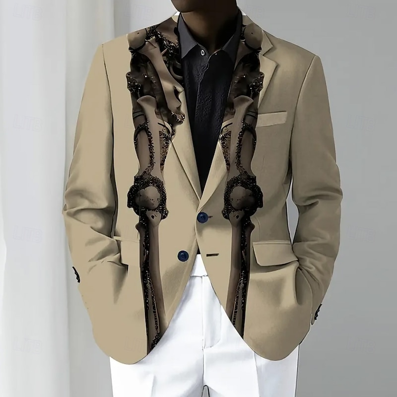 Halloween Men's Blazer Outdoor Street Casual Casual Daily British All Seasons 100% Polyester Skeleton 3D Print Buttons Thermal Warm Comfortable Single Breasted Blazer White Brown2