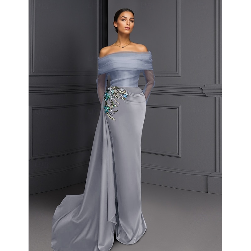 Blue Black Column Evening Gown Elegant Dress Formal Wedding Floor Length Long Sleeve Illusion Neck Stretch Satin with Ruched Beading Slit 2025