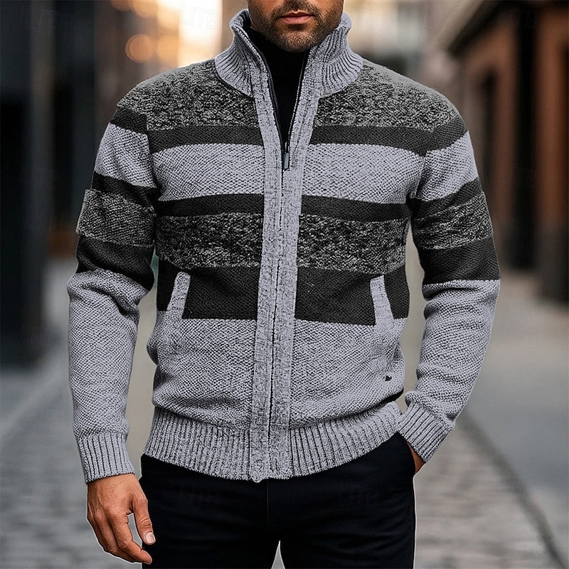 Men's Cardigan Sweater Cropped  Sweater Zip Sweater Knit Sweater Ribbed Knit Regular Tops Patchwork Pocket Color Block Stand Collar Fashion Classic Vacation Daily Wear Clothing Apparel Fall Winter
