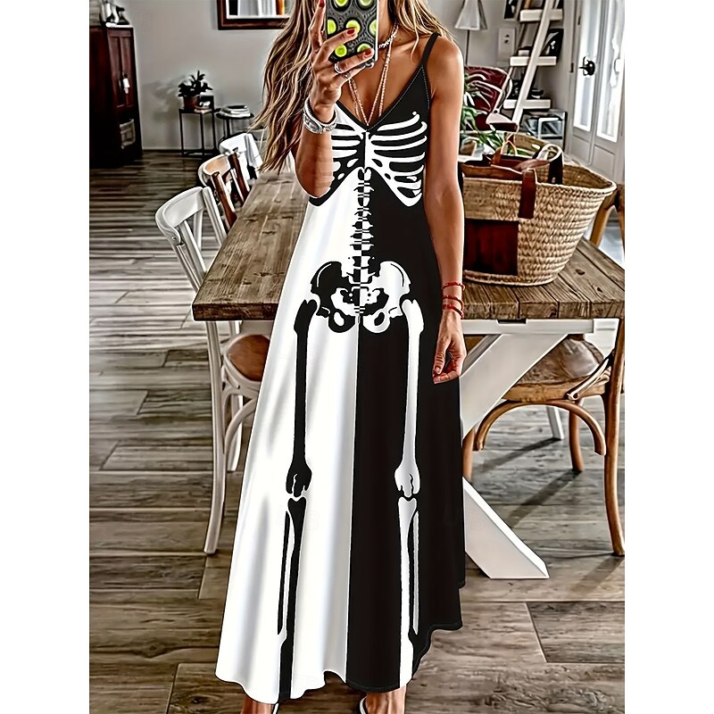 Halloween Women's Skulls Print Maxi Dress Sundress A Line Dress Slip Dress Vacation Casual Home Party Regular Fit Graphic Skull Ethnic Sleeveless V Neck Spaghetti Strap Black And White Fall Winter