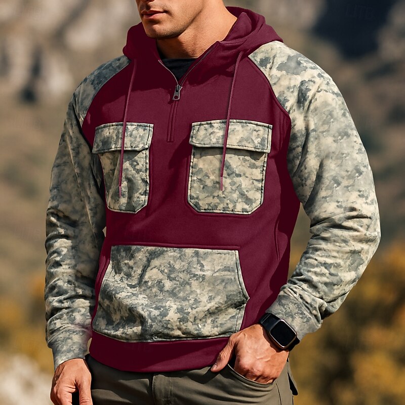 Men's Hoodie Quarter Zip Hoodie Tactical Hoodie Camo Hoodie Wine Red Black Army Green Royal Blue Khaki Hooded Camouflage Zipper Sports & Outdoor Casual Daily Streetwear Cool Sportswear Spring &  Fall4