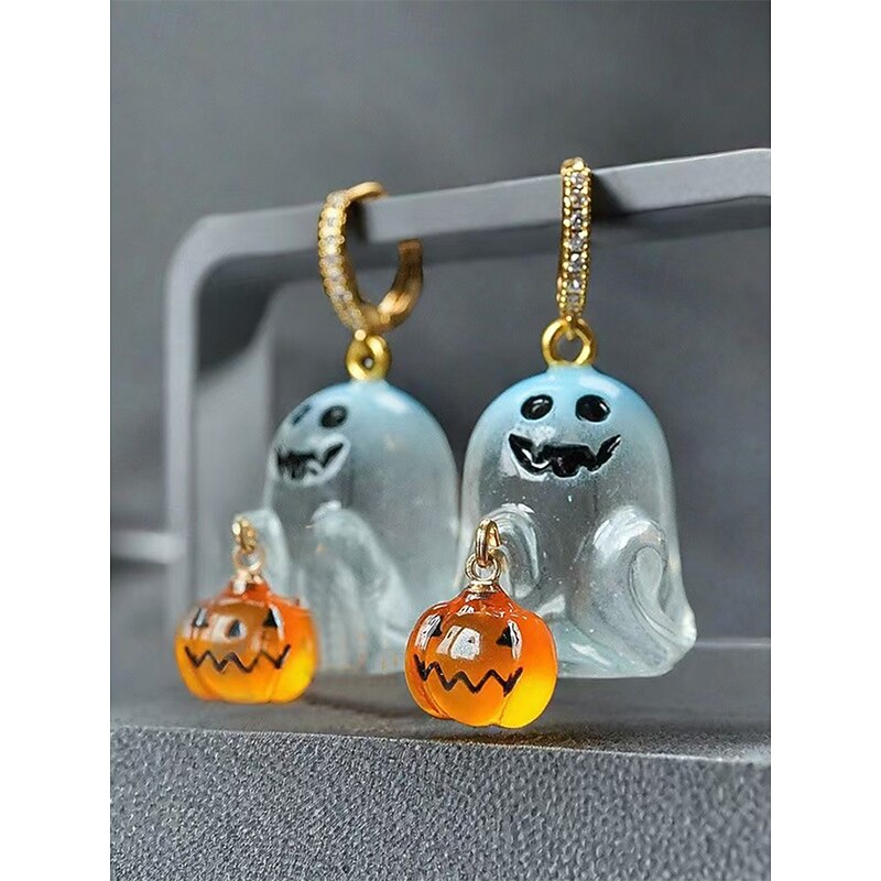 Women's Halloween Ghost and Pumpkin Earrings – Cute Dangle Drop Jewelry with Crystal Accents for Costume Party, Cosplay and Festive Outfits3