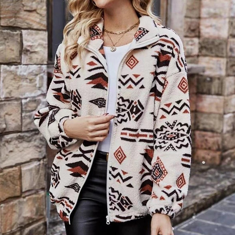 Women's Fleece Jacket Thick Warm Zip Up Long Sleeve Sports Geometry Top For Outdoor Travel Vacation Activewear3