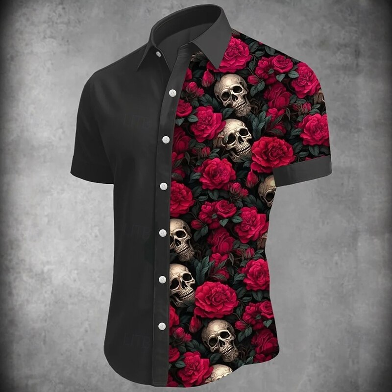 Men's Skull Halloween Costumes Day of the Dead Shirt Button Up Shirt Short Sleeve Dark Punk Gothic Style Holiday Summer Spring Turndown 3D Print Collared Shirts Black White2