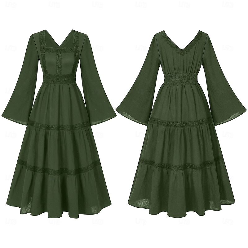 Retro Vintage Medieval Renaissance Dress Chemise OverDress Bell Sleeve Viking Celtic Knight Square Neck Fancy Dress Women's Celtic Fantasy Halloween Carnival Performance Party LARP Adults Dress4