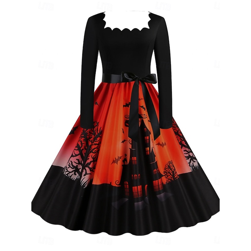 Halloween Women's Castle Print Midi Dress A Line Dress Casual Daily Holiday Regular Fit Pumpkin Long Sleeve Square Neck Dark Yellow Black Yellow Orange Summer Spring Fall4