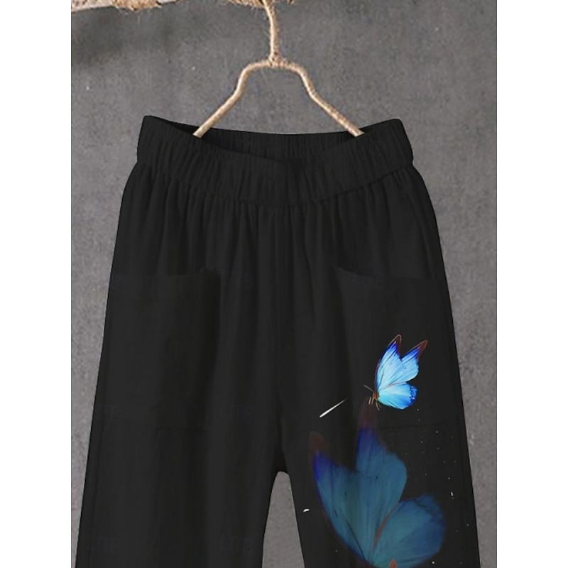 Women's Chinos Pants Trousers Streetwear Casual Full Length High Waist Butterfly Elastic Waist Print Breathability Comfortable Stretchy Vacation Street Daily Wear Black Summer Spring Fall Regular Fit3