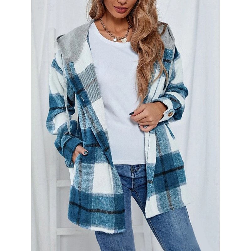 Women's Casual Jacket Hoodie Jacket Comfortable Breathable Buttons Print Casual Plaid Vacation Street Casual Daily Wear Single Breasted Regular Hooded Loose Fit Long Sleeve Outerwear Black Wine Navy