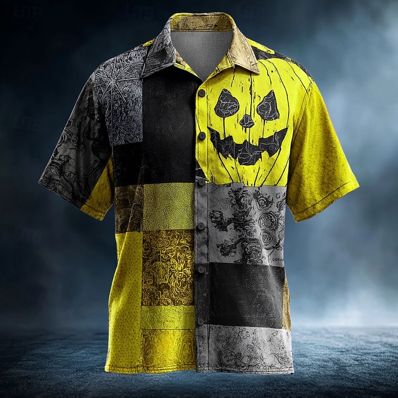 Halloween Men's Pumpkin Patchwork Shirt Summer Shirt Button Up Shirt Short Sleeve Dark Gothic Style Holiday Streetwear Summer Spring Turndown 3D Print Collared Shirts Yellow Blue Orange Green4