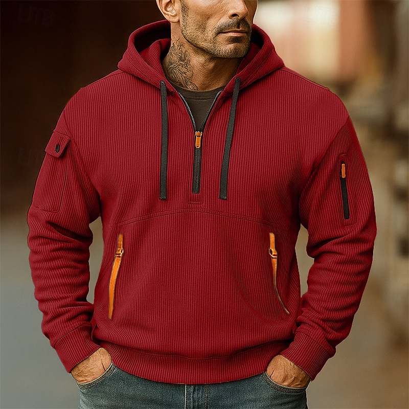Men's Hoodie Corduroy Quarter Zip Hoodie Fleece Hoodie Tactical Hoodie Black White Red Blue Khaki Hooded Plain Zipper Sports & Outdoor Casual Daily Streetwear Cool Sportswear Spring &  Fall Clothing4