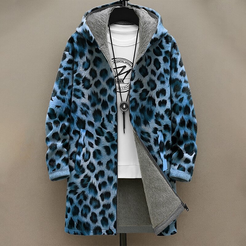 Men's Graphic Leopard Print Winter Coat Fleece Jacket Coat Thermal Warm Comfortable Casual Daily Wear Zipper Pocket 3D Print Fall Winter Hooded Long Sleeve Yellow Blue Brown2