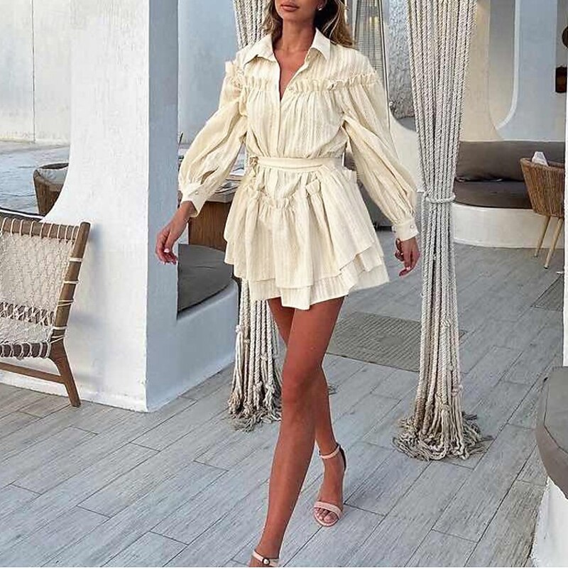 Women's Mini Dress T Shirt Dress Tee Dress Vacation Party Birthday Party Cocktail Party Going out Regular Fit Solid Color Long Sleeve Turndown Apricot Summer Spring Fall3