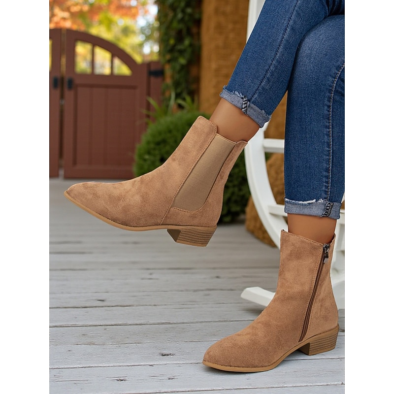 Women's Faux Suede Ankle Boots – Side Zipper and Elastic Panel, Low Heel Chelsea Boots for Autumn Walks, Shopping and Casual Outings