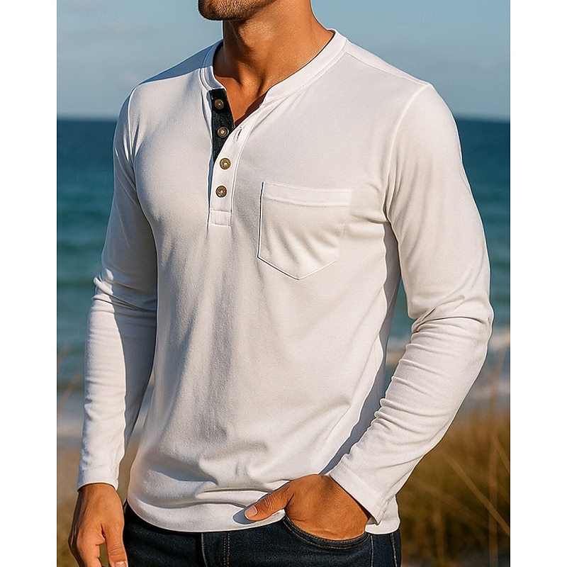 Men's Casual Shirt Hiking top Henley Shirt Long Sleeve Top Outdoor Breathable Cotton Black White Army Green Tennis Golf Running