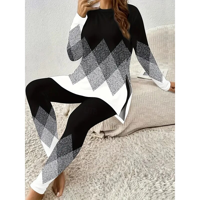 Women's Two Pieces Set Elegant Vacation Fashion T Shirt Pants Sets Long Sleeve Crew Neck Round Neck Graphic Striped Print Casual Daily Casual Daily Black Red Blue Summer Regular Fit