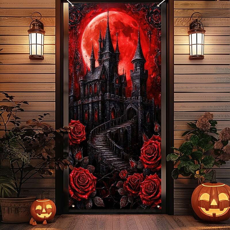 Halloween Door Cover Outdoor Banners Castle Rose Psychedelic Dark Punk Gothic Style Party Outdoor Shooting Backgrounds Front Door Wall Porch Home Decor