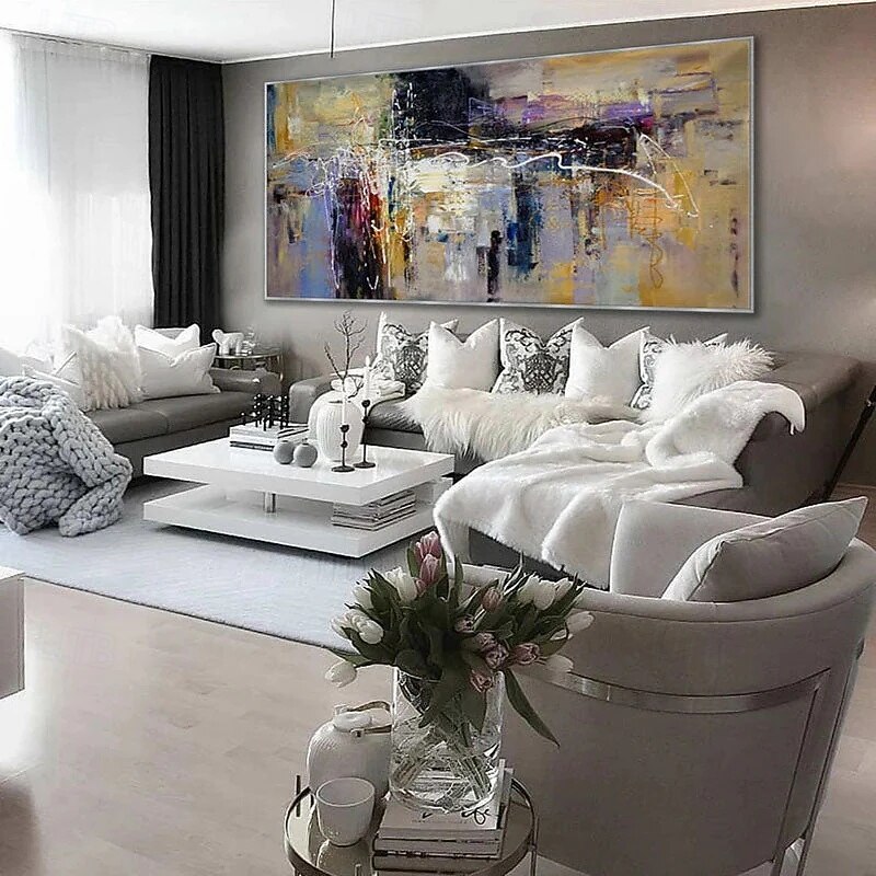 Contemporary Large Abstract Wall Art Hand Painted Oversize Painting On Canvas Panoramic Wide in Office Decoration