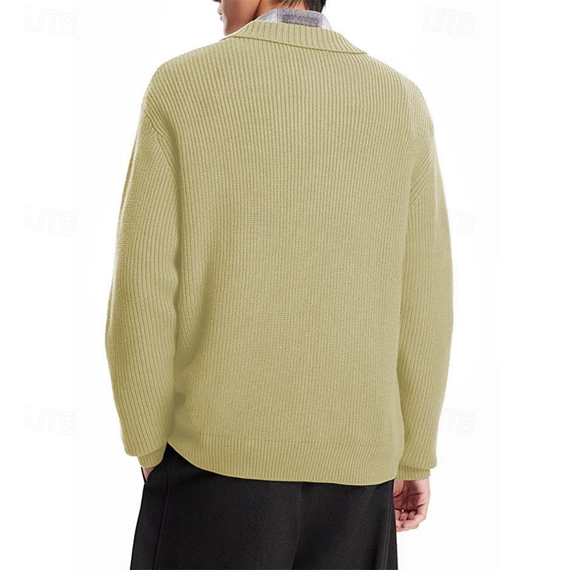 Men's Sweater Pullover Sweater Jumper Ribbed Cable Knit Regular Tops Knitted Slim Fit Plain Turndown Knitwear Contemporary Casual Daily Wear Clothing Apparel Fall Green S M L2
