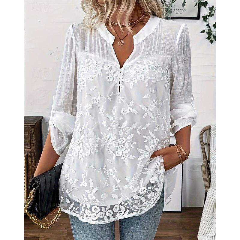 Women's Shirt Solid Color Elegant Stylish Basic Long Sleeve V Neck Regular Tops Daily Going out Lace White Spring Fall2