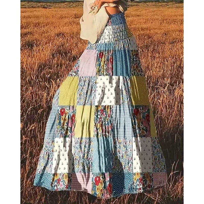 Women's Skirt Swing Casual Boho Maxi Mid Rise Skirts Floral Plaid Patchwork Print Micro-elastic Vacation Street Blue Spring Polyester2