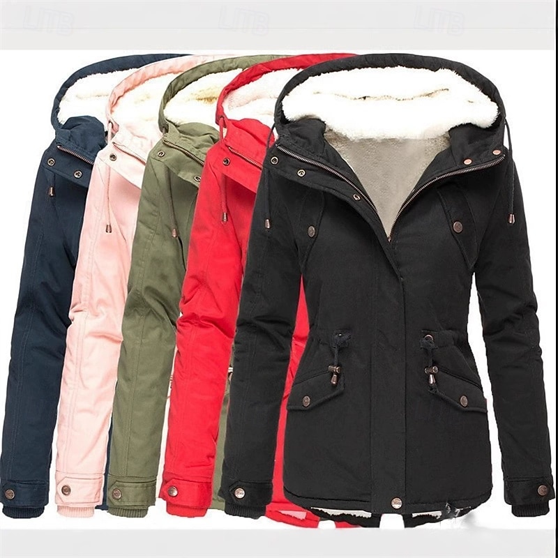 Women's Casual Jacket Warm Comfortable Zipper Pocket Fashion Outdoor Plain Going out Weekend Zipper Regular Hooded Regular Fit Long Sleeve Outerwear Black Pink Red Fall Winter