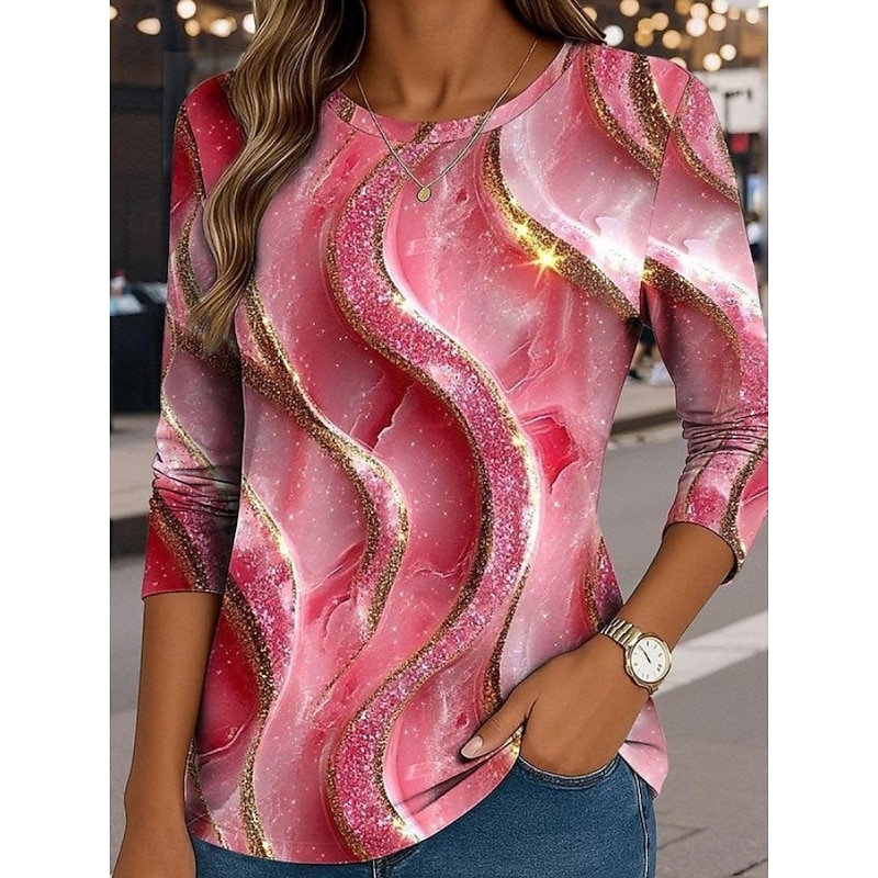 Women's T Shirt Graphic Geometric Striped Vintage Stylish Casual Long Sleeve Crew Neck Round Neck Regular Tops Daily Print Pink Blue Purple Rose Pink Summer Spring Fall