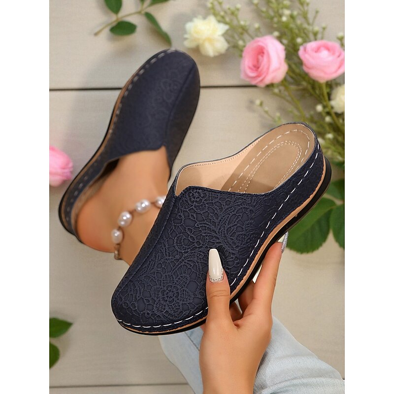 Women's Faux Leather Slip-On Mules – Breathable Lace-Patterned Comfort Clogs for Gardening, Housewear and Casual Outfits