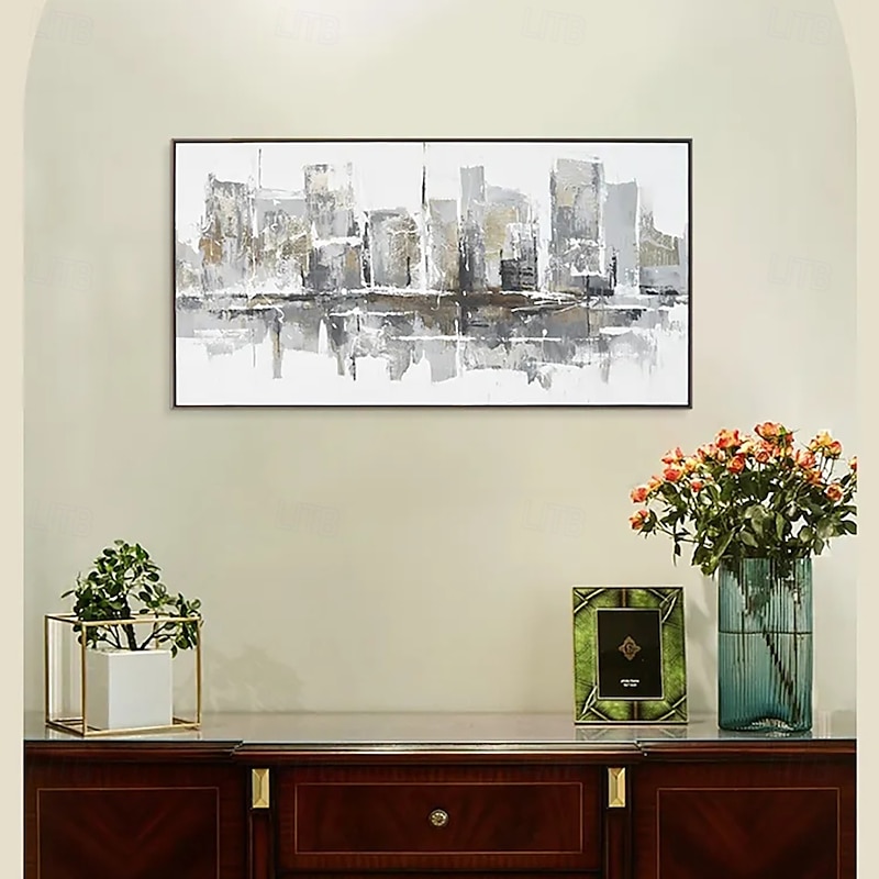 Handmade Oil Painting Canvas Wall Art Decoration Modern Grey Abstract Urban Architectural Landscape for Living Room Home Decor Rolled Frameless Unstretched Painting3