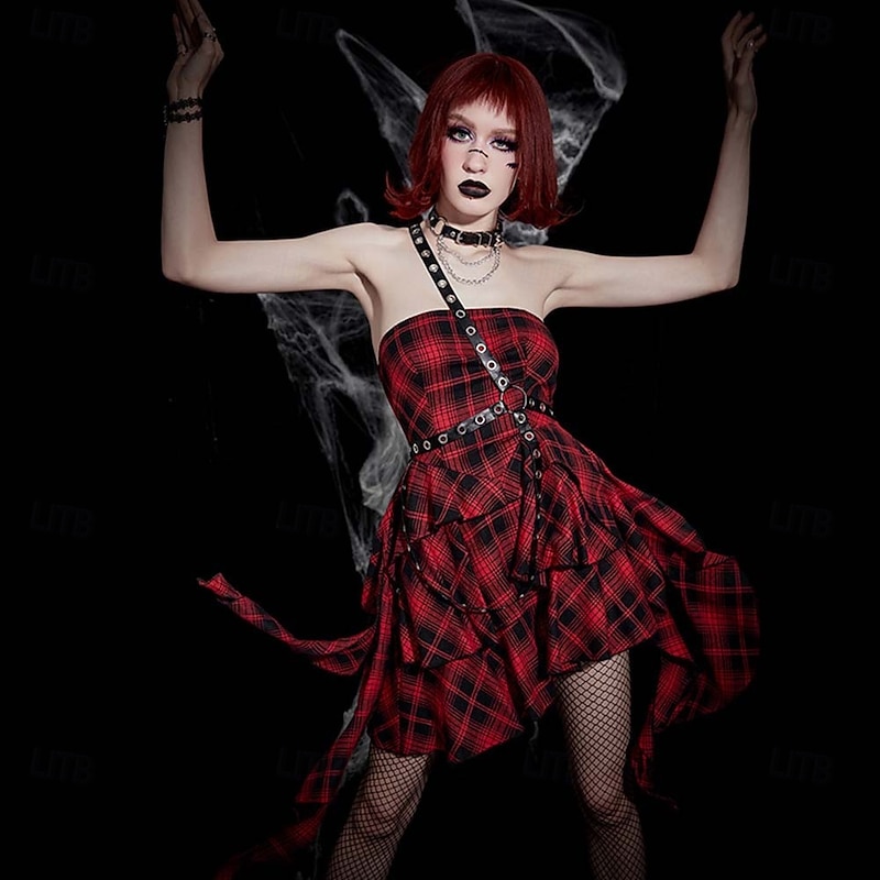 Punk & Gothic Mini Dress Goth Girl Asymmetric Hem Plaid Fancy Dress Women's Halloween Carnival Performance Party Adults Dress