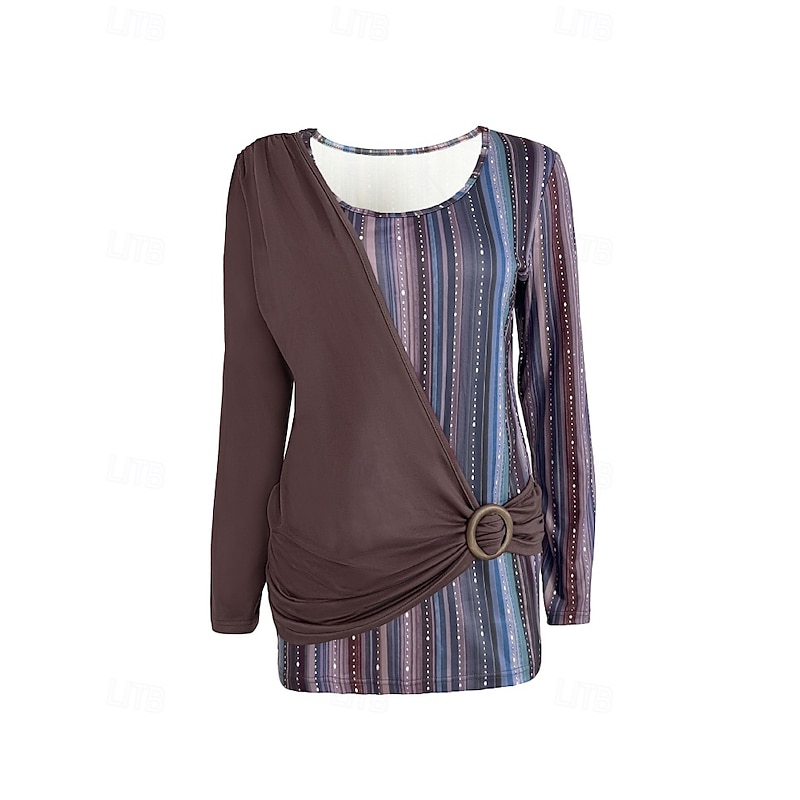 Women's T Shirt Floral Casual Long Sleeve Crew Neck Regular Tops Daily Weekend Patchwork Print Blue Brown Green Fall4