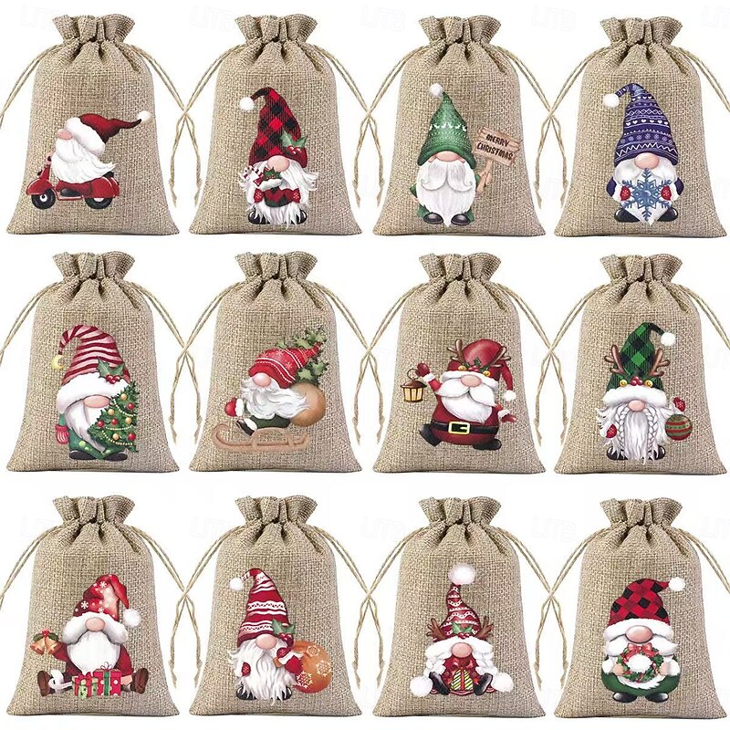 12pcs Christmas Burlap Gift Bags Set with Random Holiday Designs, Small Party Favor Pouches, Perfect for Christmas and New Year Celebrations