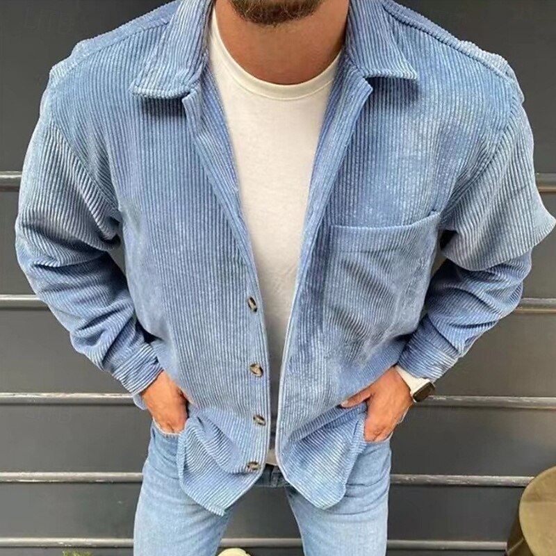 Men's Corduroy Shirt Shirt Jacket Winter Jacket Plain Vacation Daily Wear Black Blue Khaki Long Sleeve Lapel Spring Fall Clothing Apparel Pocket3