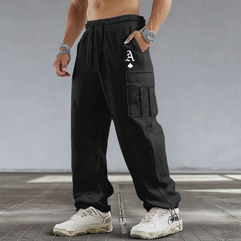 Men's Letter Printed Cargo Pants Cargo Sweatpants Joggers Mid Waist Casual Athletic Hiking Workout Elastic Drawstring Waist Open Bottom Tactical Pants with Pockets Spring Fall 3D Print Black White