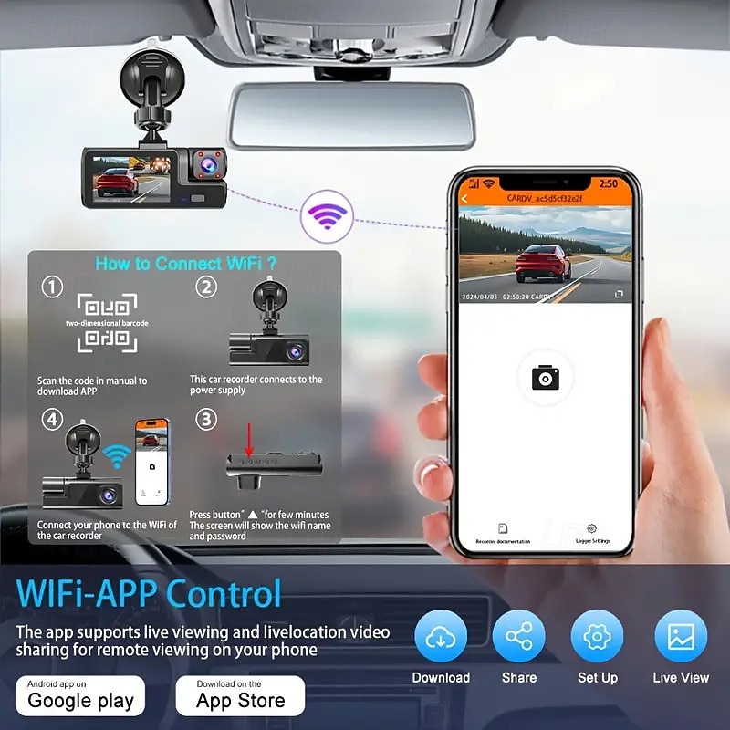 3 Channel Car Car Recorder FHD 1080P Car Car Recorder Wifi APP Control Car Recorder with Reversing Camera Super Night Vision Black Box Loop Recording G Sensor Motion Detection Parking Monitor3