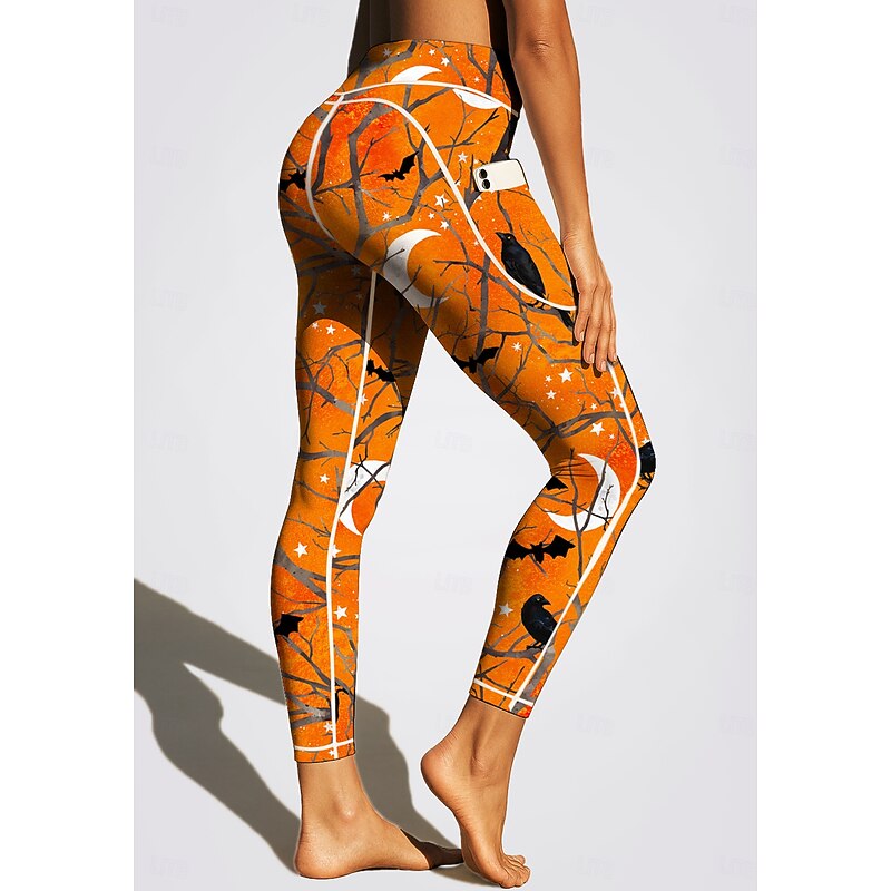 Women's pilates leggings fitness pants Gym Leggings Pockets Stamp Duty Side Pockets Pilates Gym Gym Workout Pants Tights Leggings Graphic Moon Halloween Amethyst Orange Sports Activewear Stretchy3