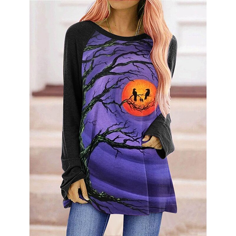 Halloween Women's T shirt Witch Graphic Animal Pumpkin Vintage Stylish Classic Long Sleeve Crew Neck Round Neck Regular Tops Daily Print Black Purple Orange Spring Fall3