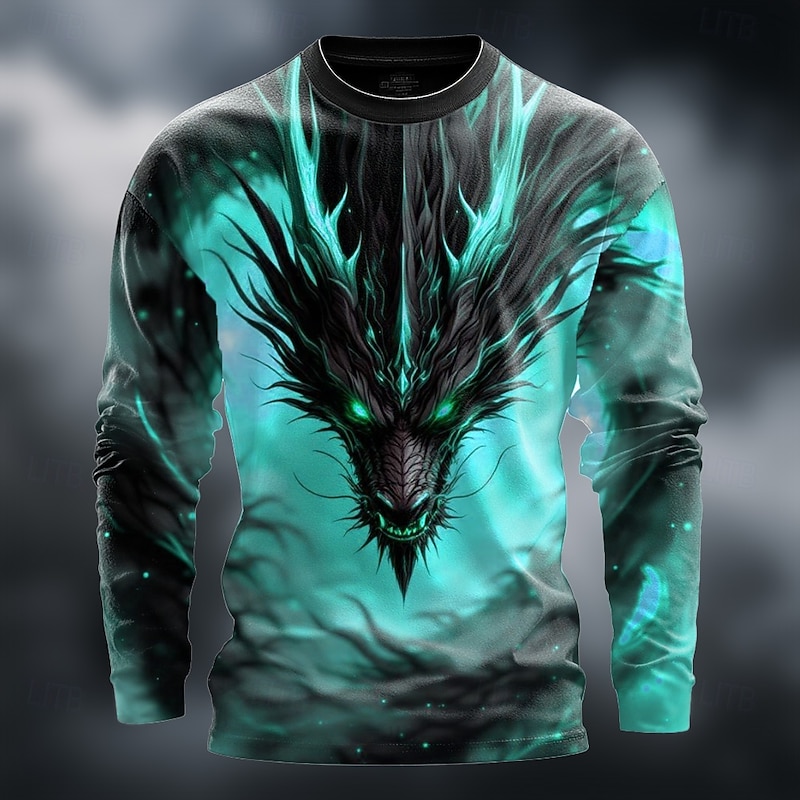 Men's Dragon 3D T Shirt Long Sleeve T shirt 3D Print Crew Neck Shirt Fashion Fantasy Street Casual Daily Lake Blue Yellow Green Summer Spring Clothing Apparel S M L XL XXL XXXL