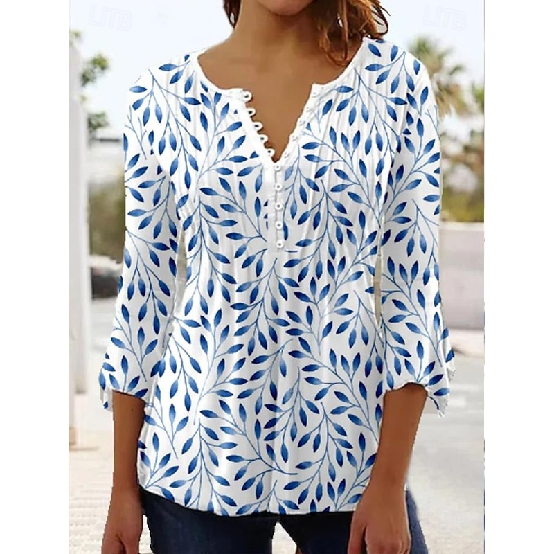 Women's Blouse Ombre Floral Graphic Elegant Vintage Tropical 3/4 Length Sleeve Ruffle Sleeve V Neck Regular Tops Daily Going out Ruched Buttons White Blue Summer Spring Fall
