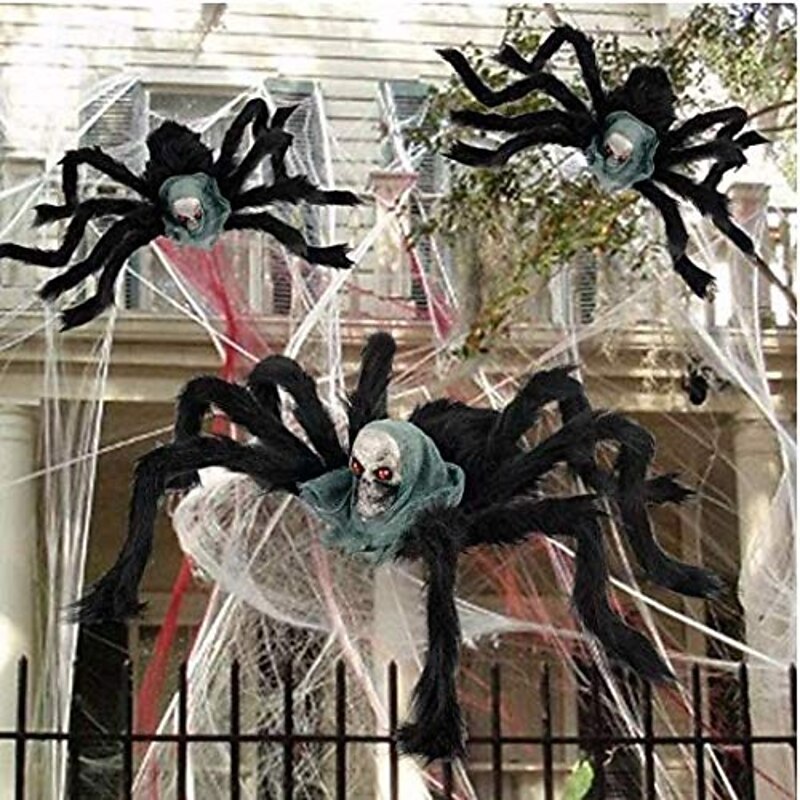 Halloween Large Spider Decoration Realistic Hairy Spider Horror Skeleton Spider Prank Prop Skull Spider Plush Toy Halloween Party Scary Decoration