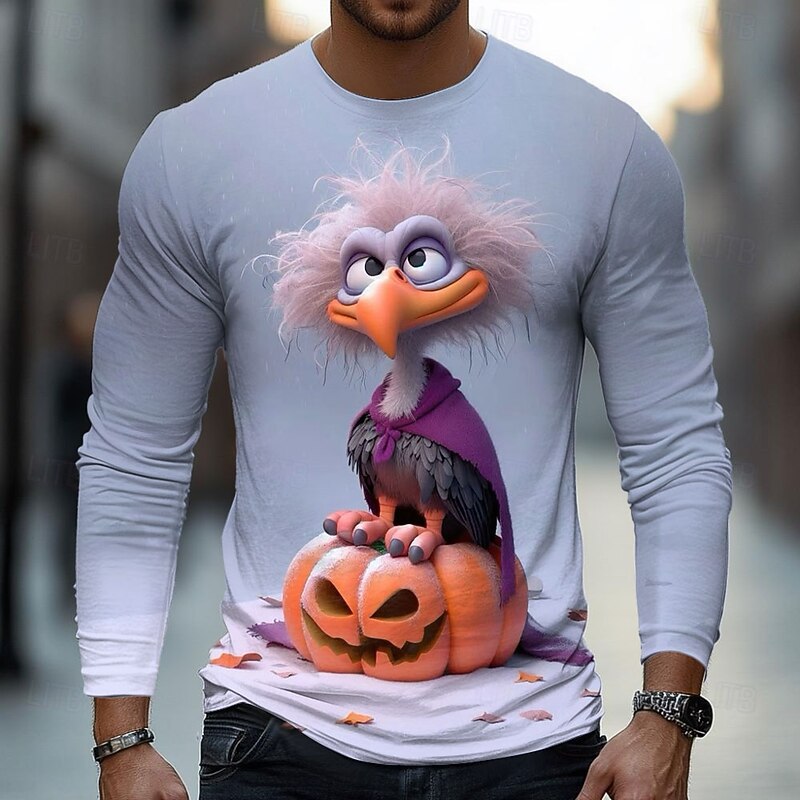 Halloween Men's Animal Pumpkin 3D T Shirt Long Sleeve T shirt 3D Print Crew Neck Shirt Fashion Exaggerated Street Casual Daily Light Blue Blue 1# Khaki Summer Spring Fall Clothing Apparel S M L XL2
