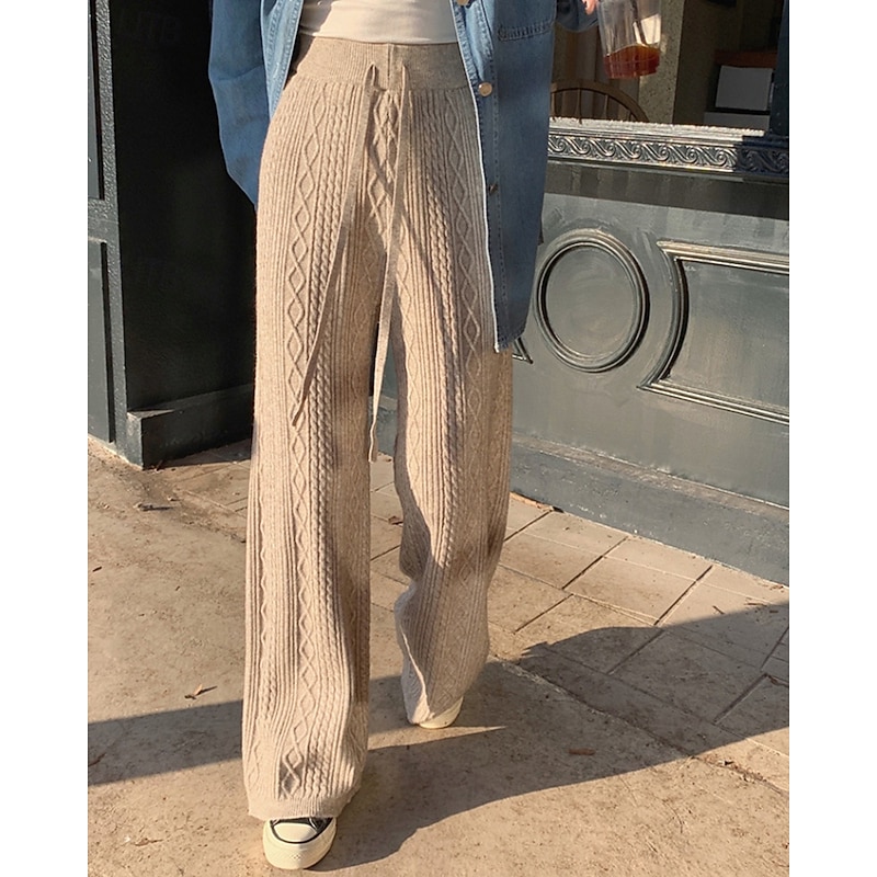Women's Wide Leg Corduroy Pants Slacks Streetwear Casual Full Length Natural Plain Knitted Elastic Drawstring Design Soft Street Holiday Daily Wear Camel Apricot Grey Black Fall Regular Fit2