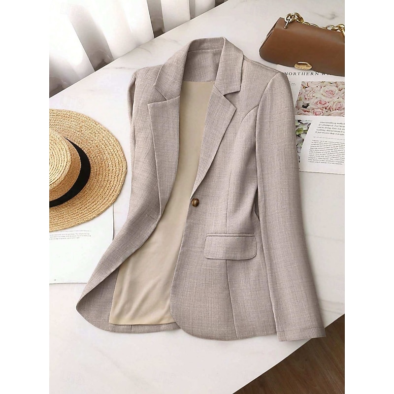 Women's Blazer Comfortable Breathable Pocket Fashion Daily Plain Outdoor Casual Daily Single Breasted Regular Lapel Regular Fit Long Sleeve Outerwear Khaki Spring Fall3