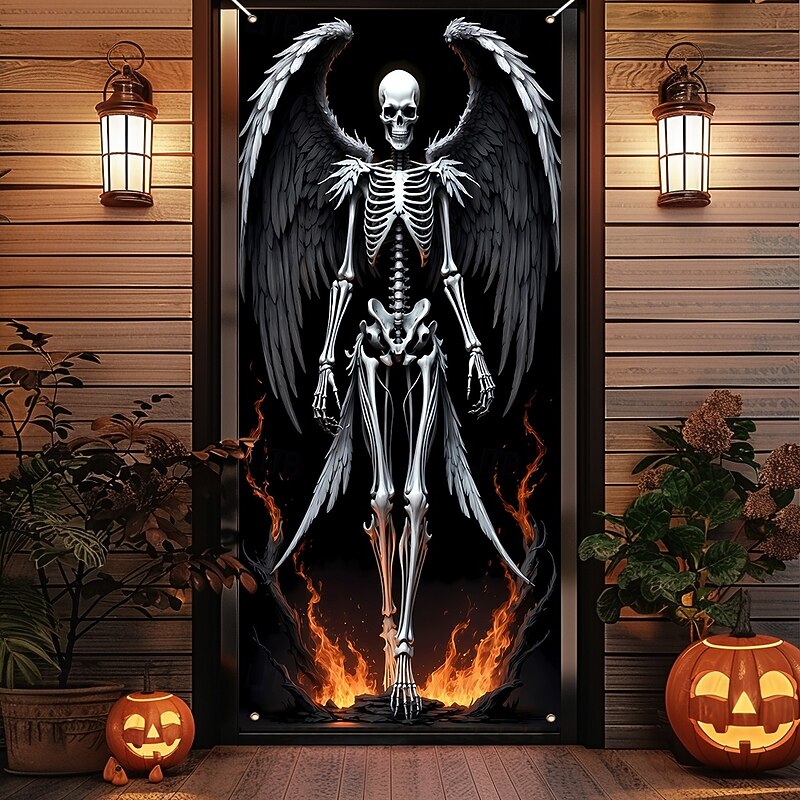 Halloween Door Cover Outdoor Banners Skeleton Cemetery Psychedelic Dark Punk Gothic Style Party Outdoor Shooting Backgrounds Front Door Wall Porch Home Decor4