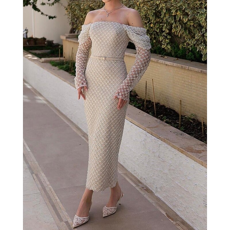 Beaded Lace Applique Sheath / Column Cocktail Dresses Detachable Sleeve Elegant Dress Formal Wedding Tea Length Sleeveless Off Shoulder Lace with Sequin 2025