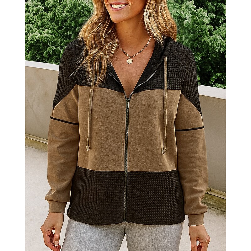 Women's Zip Up Sweatshirt Hooded Jacket Drawstring Long Sleeve Top Athleisure Color Block Outdoor Travel Sports Sportswear Activewear Black Blue Green4