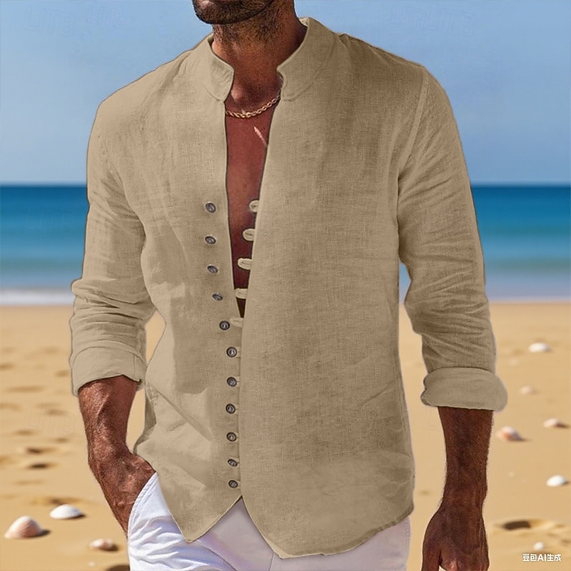 Men's Shirt Linen Shirt Summer Shirt Casual Shirt Button Up Shirt Plain Vacation Curise Black White Pink Blue Long Sleeve Band Collar Summer Spring &  Fall Clothing Apparel4