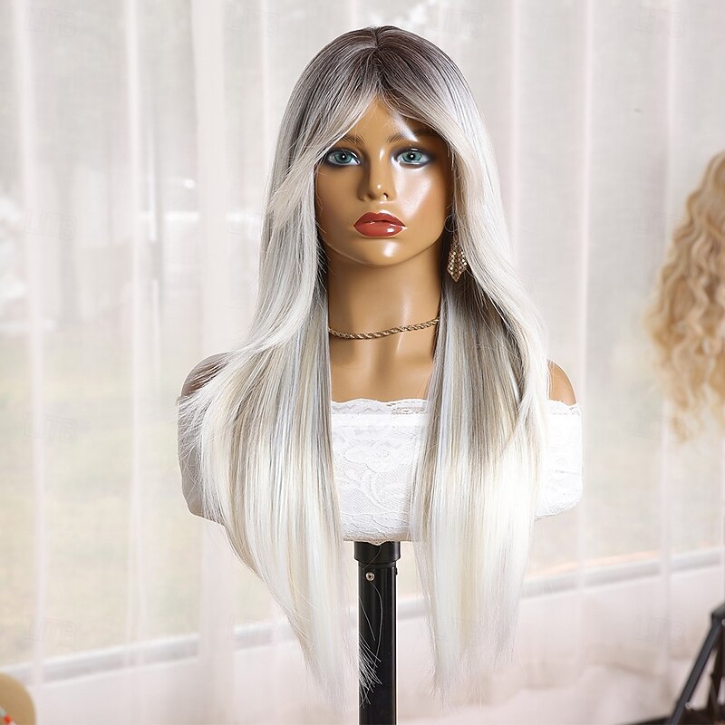 Synthetic Wig Natural Straight Middle Part Machine Made Wig 24 inch White / Pink Synthetic Hair Women's Soft Comfortable Multi-color2