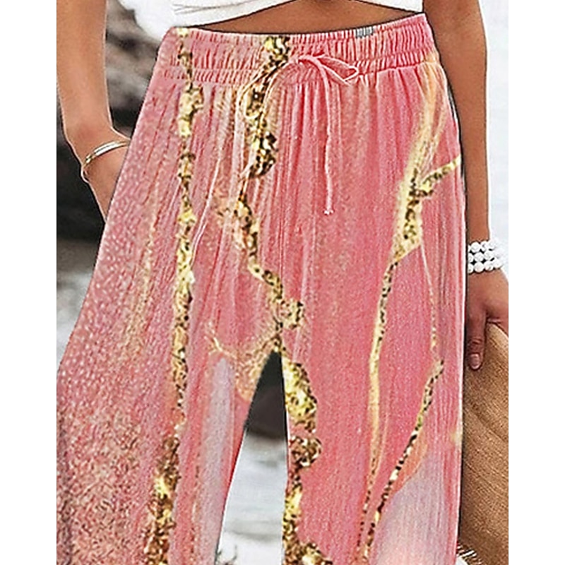 Women's Wide Leg Pants Trousers Palazzo Pants Fashion Boho Full Length High Waist Graphic Drawstring Elastic Waist Print Breathability Comfortable Street Daily Wear Going out Pink Spring Fall Regular2